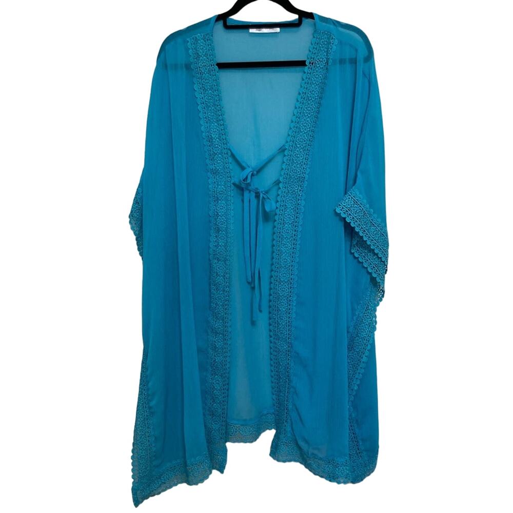 Cupshe Long Line Tie Front Swim Coverup Blue with Embroidered Trim - One Size
